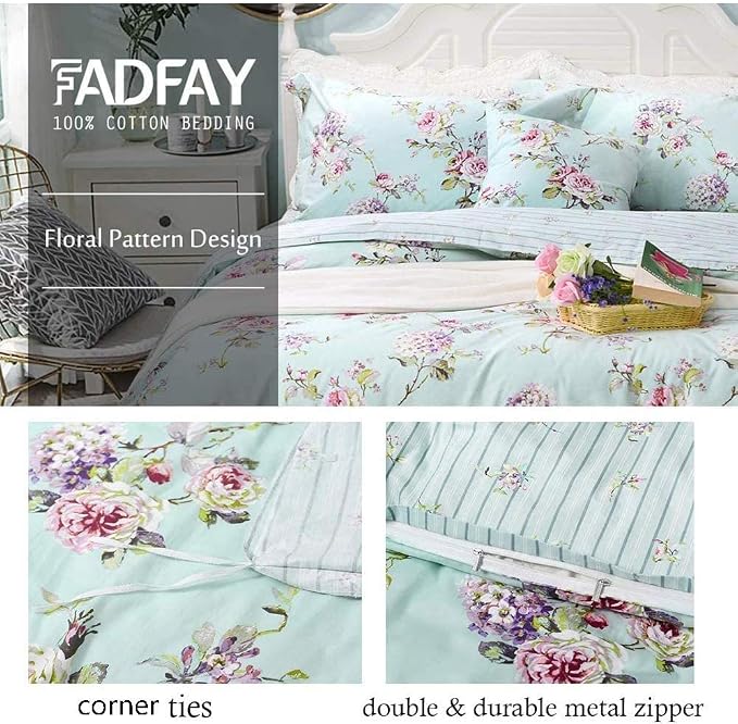 FADFAY Floral Duvet Cover Queen 100% Cotton Blue Green Farmhouse Bedding Super - Image 3