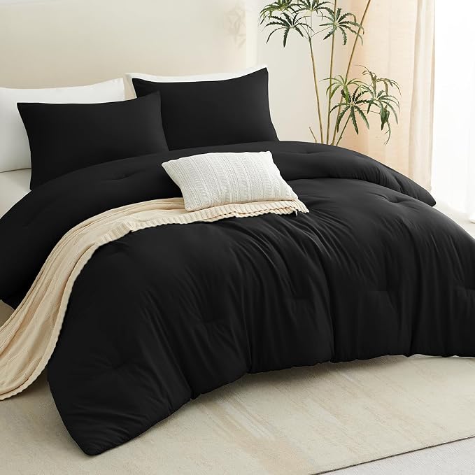 CozyLux Oversized Queen Comforter Set Black, 3 Pieces 98x98 Solid Breathable - Image 9
