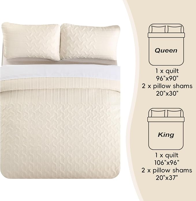 Yiran Beige Quilt Set King Size Lightweight Bedspread Ultrasonic Wave Pattern - Image 8
