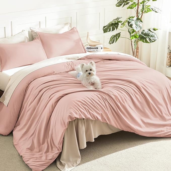 Litanika Pink Queen Size Comforter Set, 3 Pieces Blush Plain Bedding Comforter by Litanika