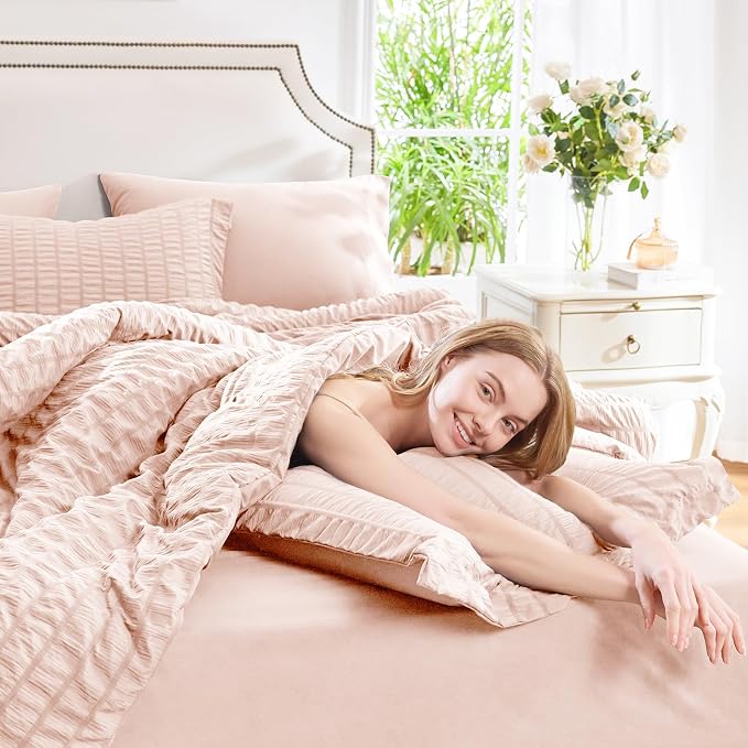 CozyLux King Size Comforter Set Blush Pink Seersucker 7 Pieces Bed in a Bag - Image 5