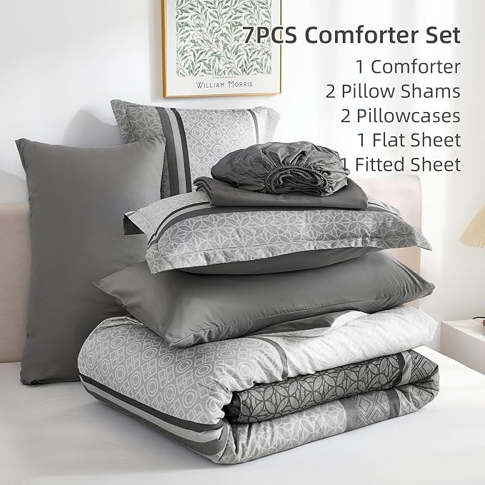 WONGS BEDDING Grey Comforter Set King Size, 7 Pieces Striped Bed in a Bag - Image 7