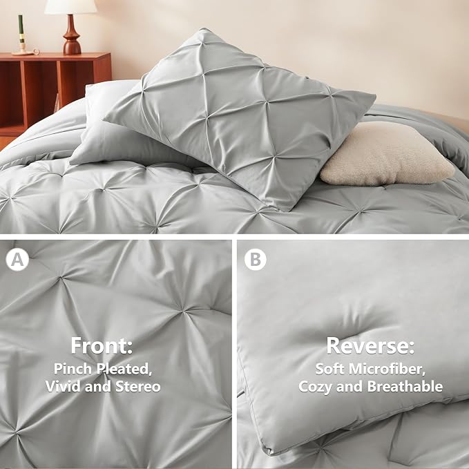 CozyLux Twin XL Comforter Set Light Grey, 5 Pieces Twin Extra Long Pintuck Bed - Image 3
