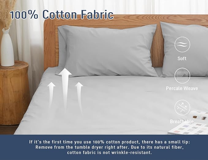 Pillow Cases, King Size Cotton Percale Weave Pillowcases, Pre-Shrunk Breathable - Image 4