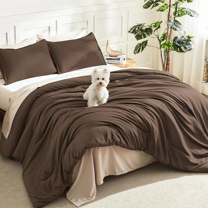 Litanika Brown Comforter Set Queen Size, 3 Pieces Lightweight Solid Bedding by Litanika