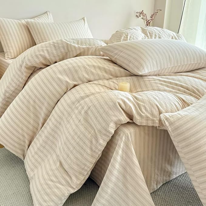 PinkMemory Beige Striped Duvet Cover Set Queen 100% Washed Cotton Beige Wide - Image 2