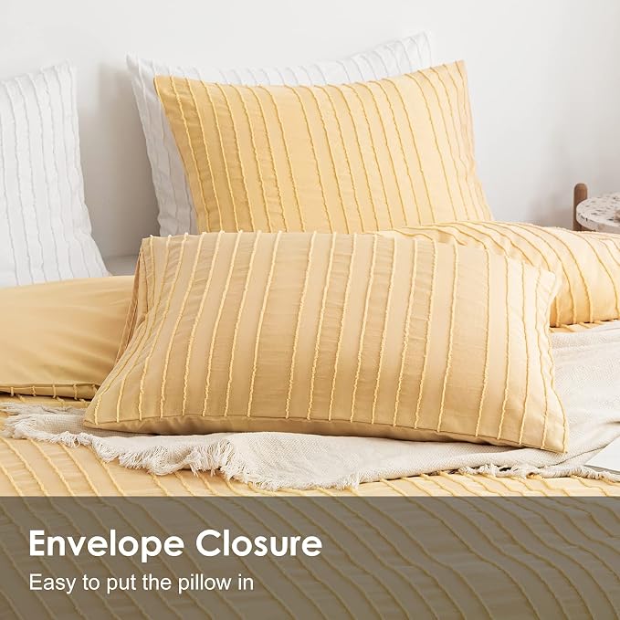WARMDERN Yellow Boho Duvet Cover Set King Size, Striped Textured Duvet Cover - Image 4