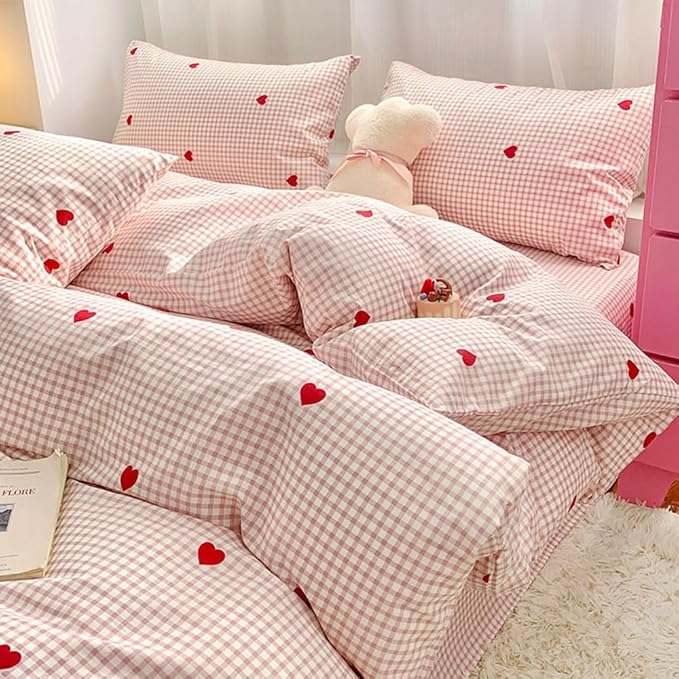 Nayoroom Gingham Duvet Cover Full Size Pink Plaid Red Heart Printed on White by Nayoroom