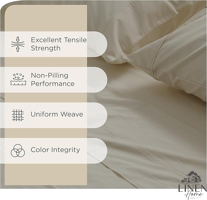 Linen Home 100% Cotton Percale Sheets Queen Size, Light Taupe, Deep Pocket - Image 2