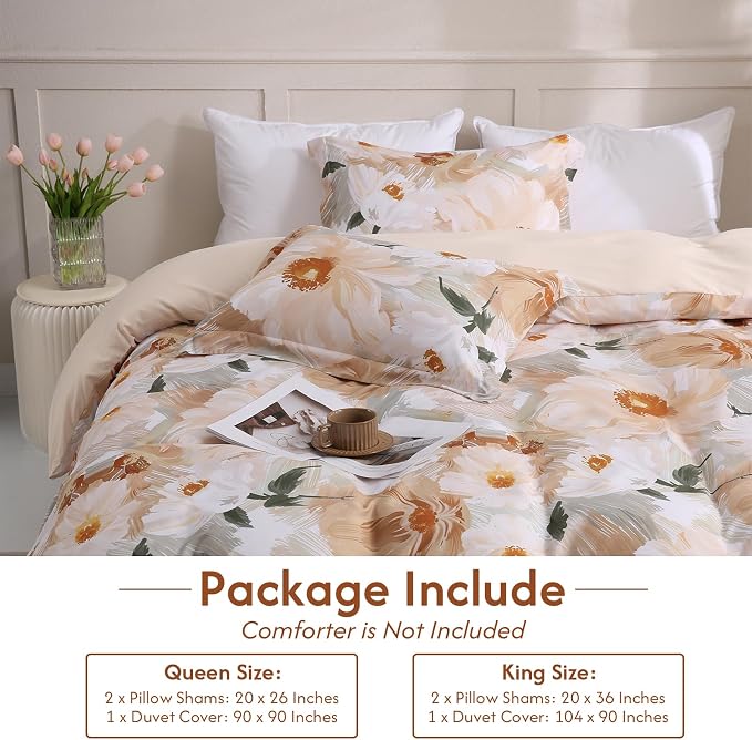 LONAVA Queen Flower 3 Pcs Duvet Cover Set, Breathable Soft Microfiber Biege - Image 6