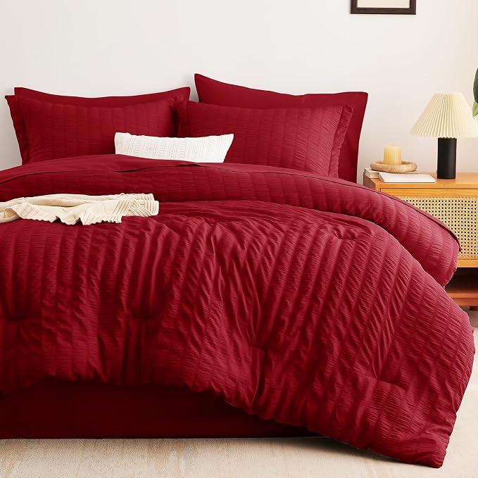 CozyLux Oversized King Comforter Set Dark Red Seersucker 7 Pieces 120x98 Bed in - Image 9