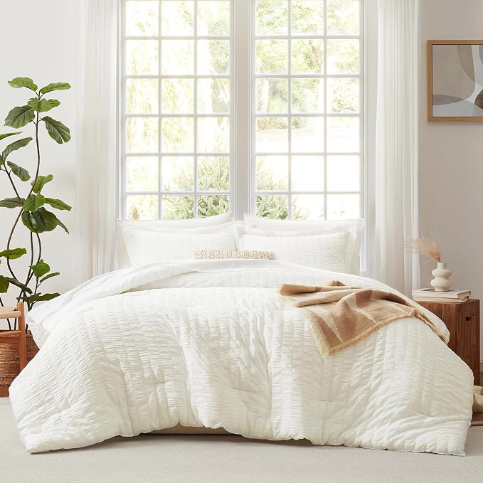 CozyLux Queen Comforter Set Ivory Seersucker 7 Pieces Bed in a Bag Queen - Image 3