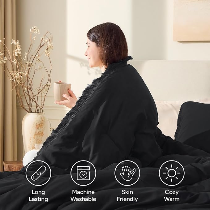 Andency Black Comforter Set Twin Size, 2 Pieces Boho Tassel Lightweight Bedding - Image 4