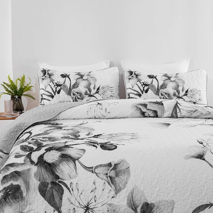 Floral Quilt Set King 3 Pieces Grey Floral Quilt Coverlet Set Soft Microfiber - Image 4
