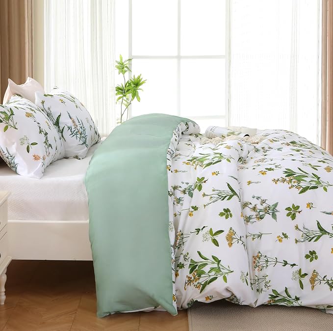 MUXHOMO Duvet Cover Queen Size, Reversible Floral Green Flower Duvet Cover Set - Image 4