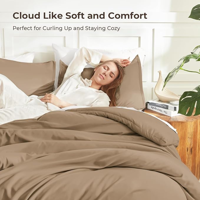 Litanika Taupe Comforter Set Full Size, 3 Pieces Solid Bedding Comforter Set - Image 2