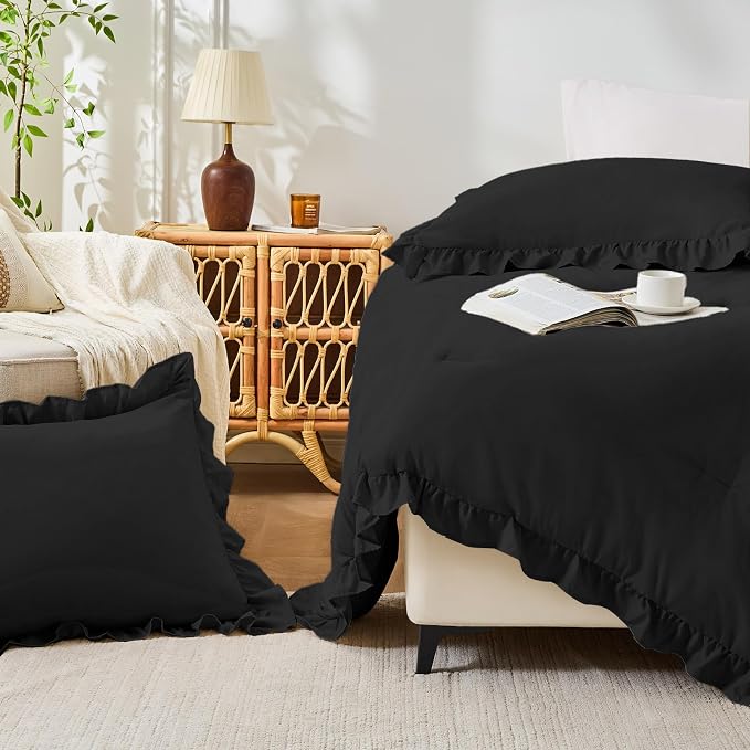 FUANNA King Size Comforter Set Black, 3 Pieces Ruffle King Bedding Set - Image 7