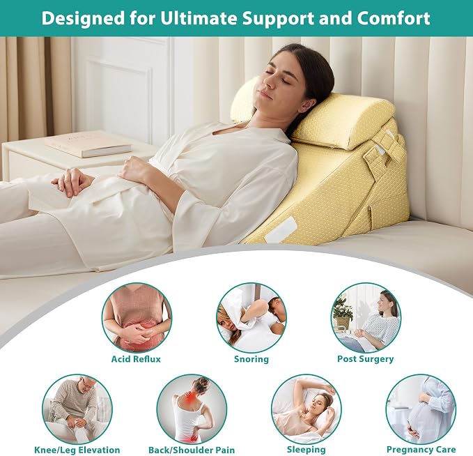 Bedluxe Adjustable 3pcs Bed Wedge Pillow Set, Memory Foam Wedge Pillows Post - Image 2