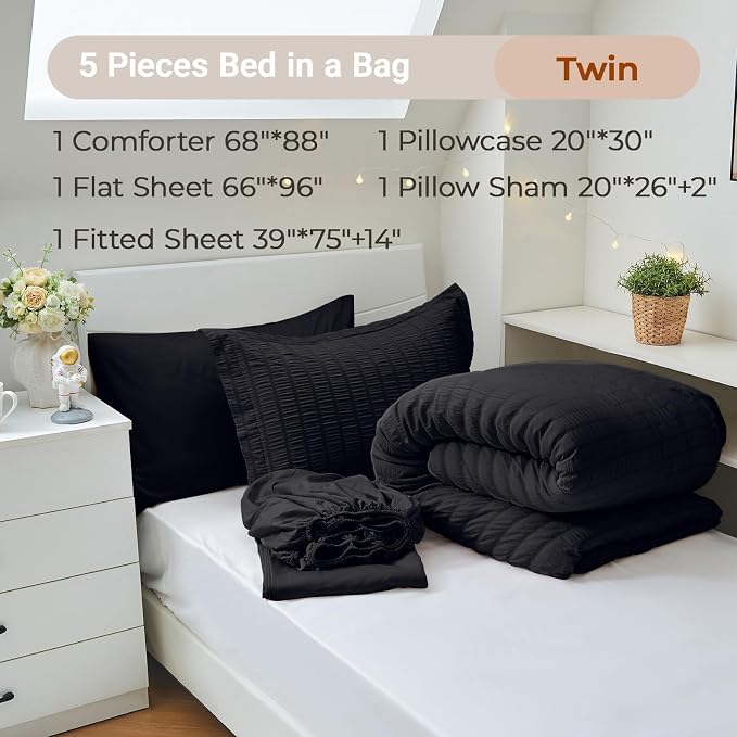 MUXHOMO 5 Pieces Twin Comforter Set, Seersucker Bed in a Bag Twin Size - Image 4