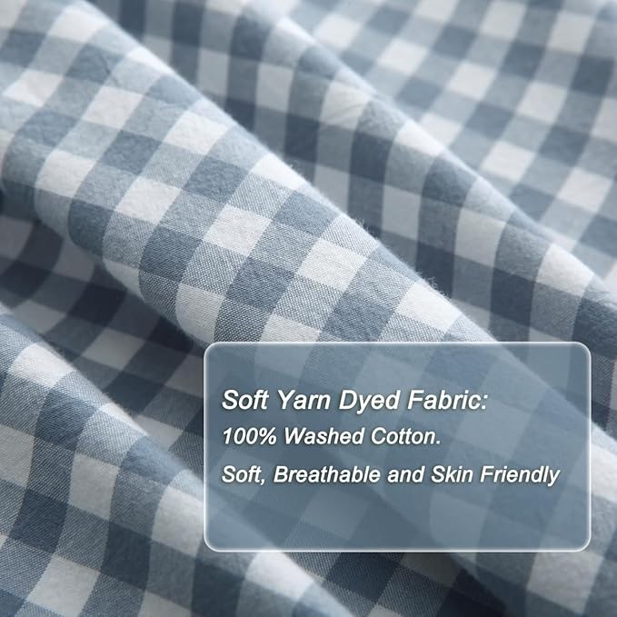 Silnuo Light Blue/White Plaid Ruffle Duvet Cover Set Twin Size, 100% Washed - Image 5