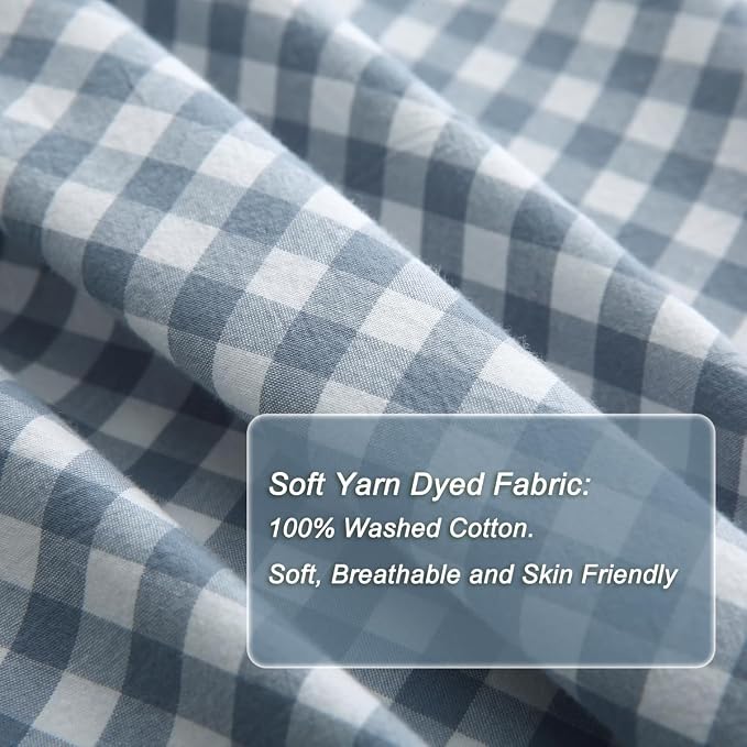 Silnuo Light Blue/White Plaid Ruffle Duvet Cover Full Size, 100% Washed Cotton - Image 4