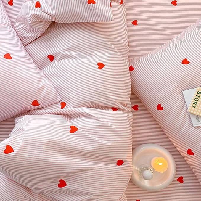 Nayoroom Heart Duvet Cover Queen Size Cute Pink Striped Printed Bedding Set - Image 6