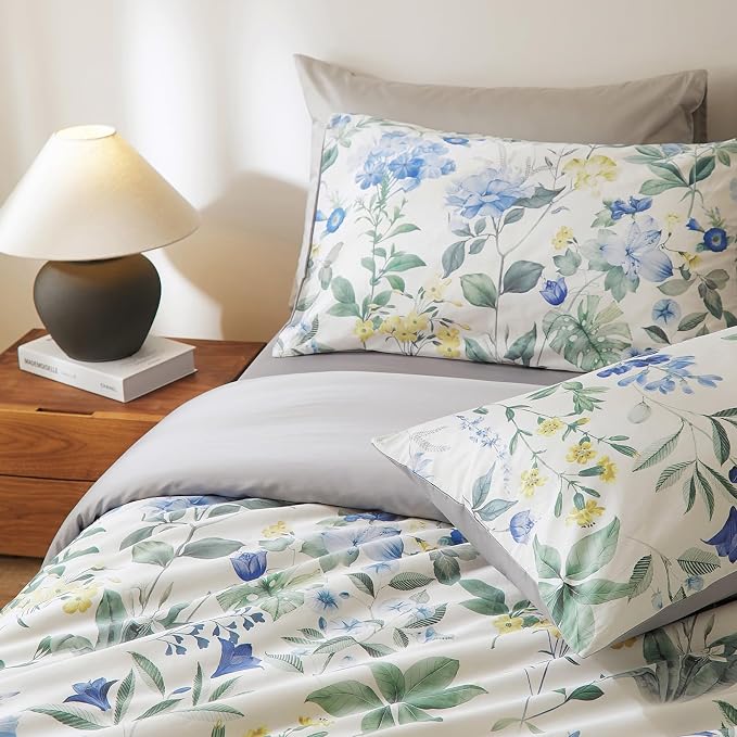 mixinni Reversible Floral Duvet Cover Set Queen Size, 3 Piece Blue Green - Image 4