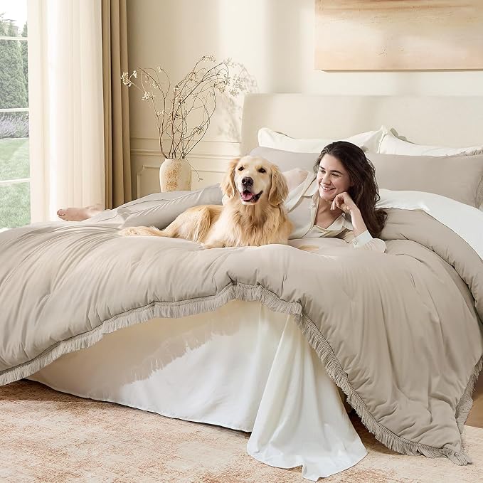 Andency Oatmeal Comforter Set King Size, 3 Pieces Boho Tassel Lightweight - Image 3