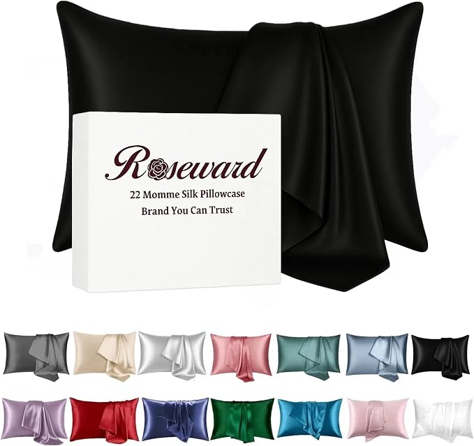 Black Silk Pillowcase with Natural Dye Made in USA, Oeko-TEX Certified Real 22 by ROSEWARD