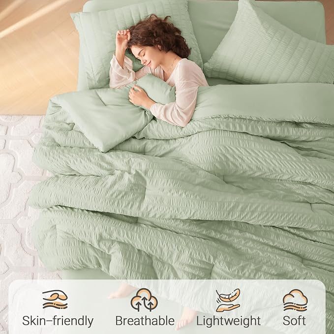 MUXHOMO 7 Pieces Queen Comforter Set, Seersucker Bed in a Bag Queen Size - Image 2