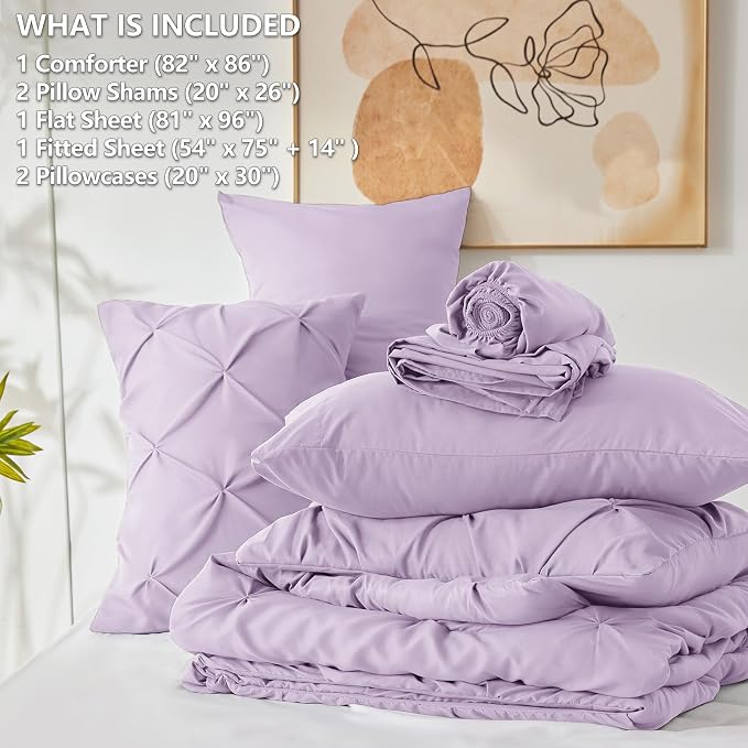 HIMEET Pintuck Bed in a Bag, 7 Pieces Full Size Comforter Set Lavender - Image 6