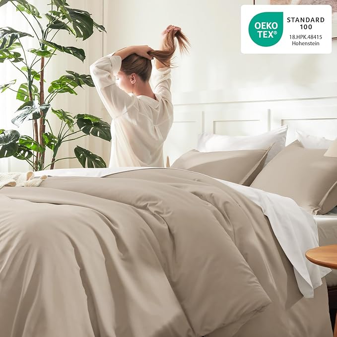 Litanika Khaki Comforter Set Full Size, 3 Pieces Solid Bedding Comforter Set - Image 4