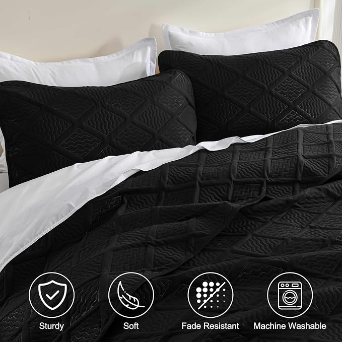 Yiran Quilt Queen Size Bedding Set Black Bedspreads Embossed Diamond Pattern - Image 5