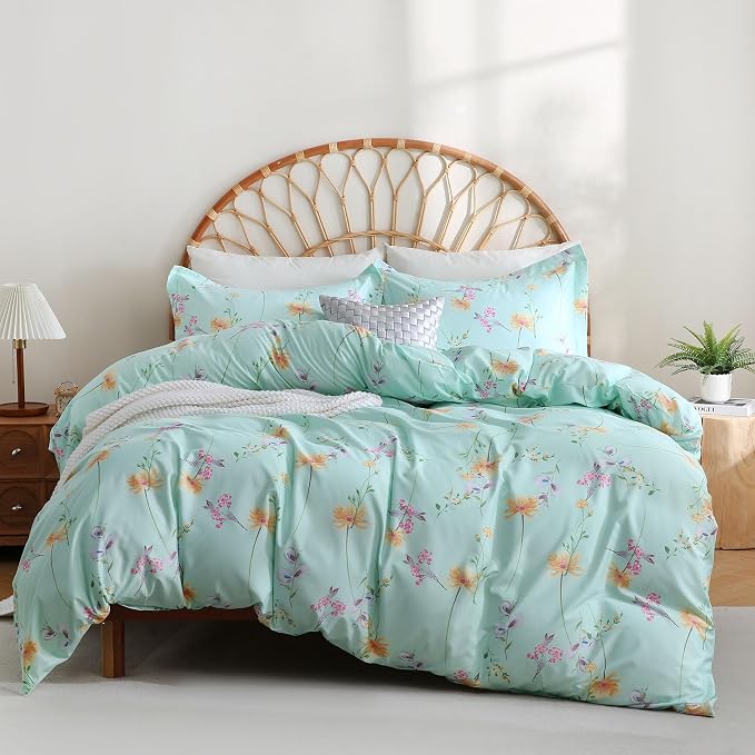JSD Green Floral Duvet Cover Set King Size, 3 Piece Botanical Printed by JSD