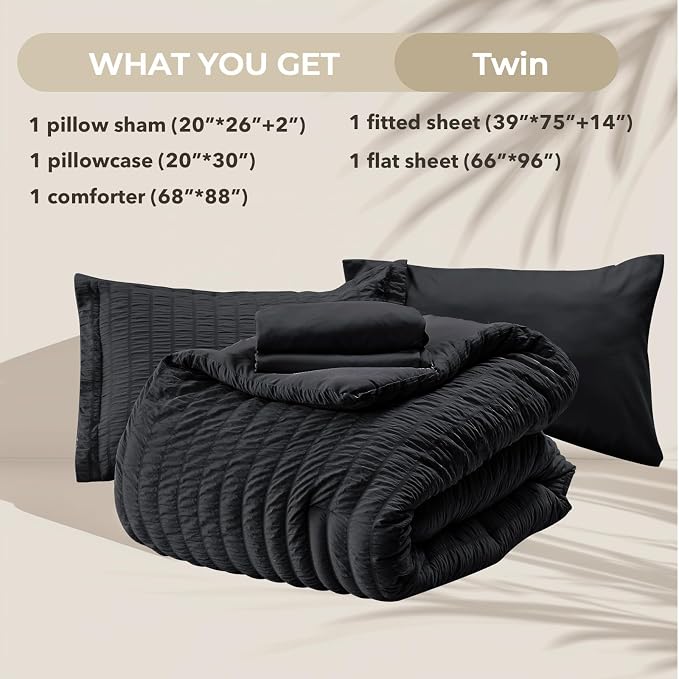 HYMOKEGE Black Twin Comforter Set Seersucker 5 Pieces, All Season Luxury Bed in - Image 5