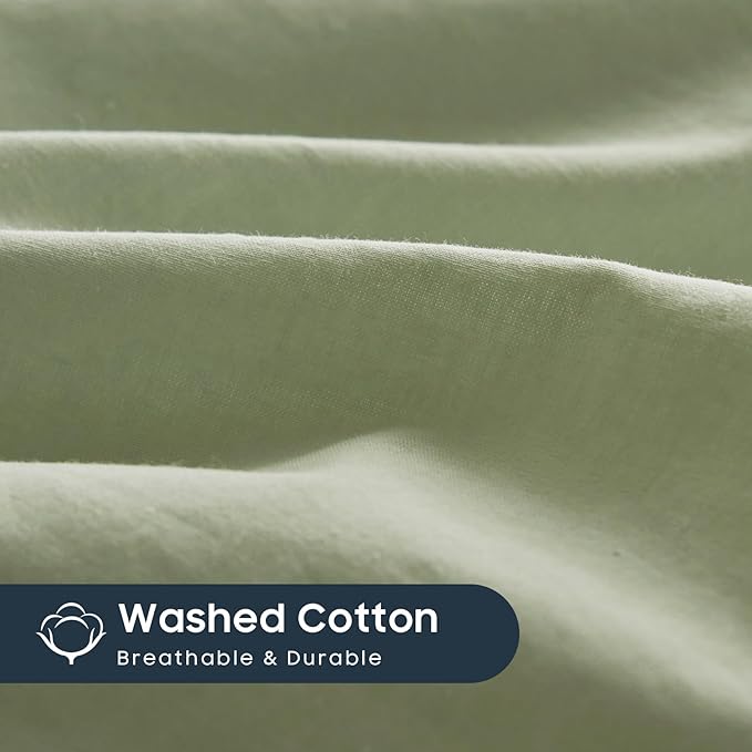 Wake In Cloud - Cotton Duvet Cover Set, King Size, Sage Green, 100% Washed - Image 6
