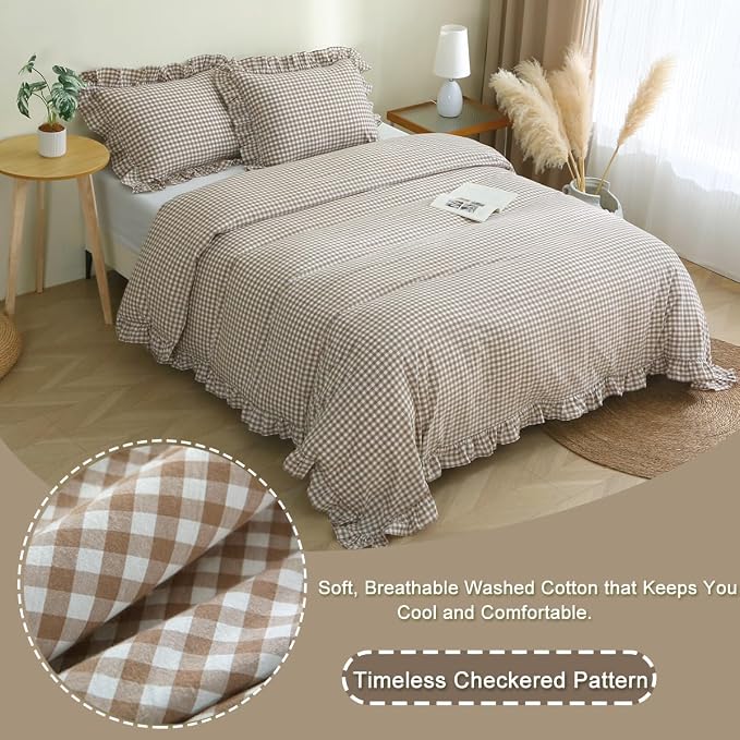 Silnuo Taupe/White Plaid Ruffle Duvet Cover Twin Size, 100% Washed Cotton 3 Pcs - Image 3
