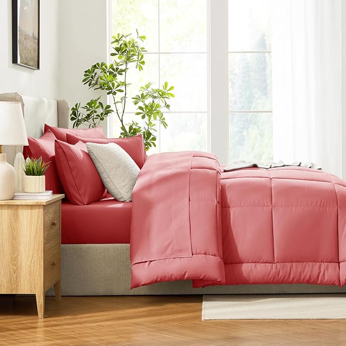 CozyLux Queen Comforter Set Coral, 7 Pieces Bed in a Bag, Coral Comforters - Image 9