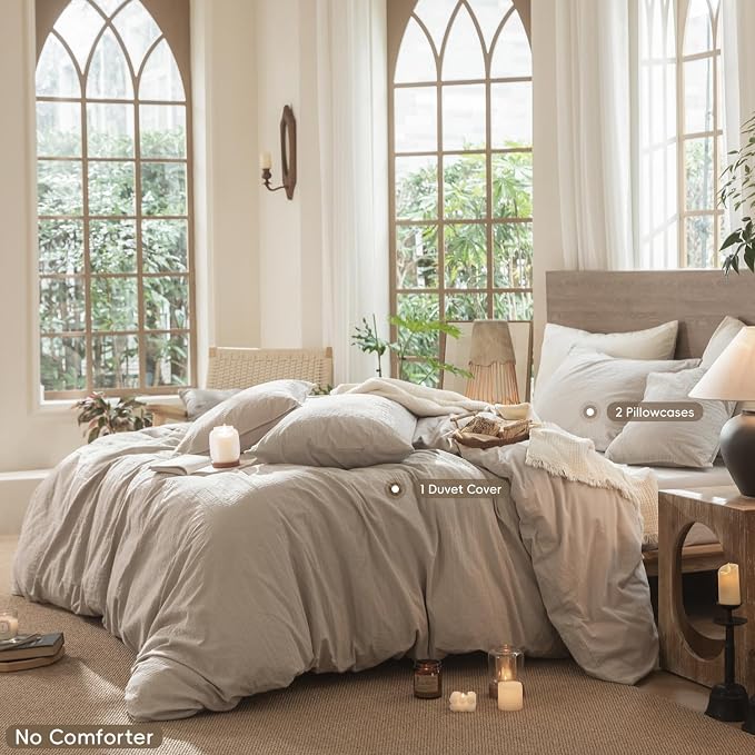 MooMee Wavy Striped Duvet Cover Set 100% Washed Cotton Linen Like Textured - Image 2