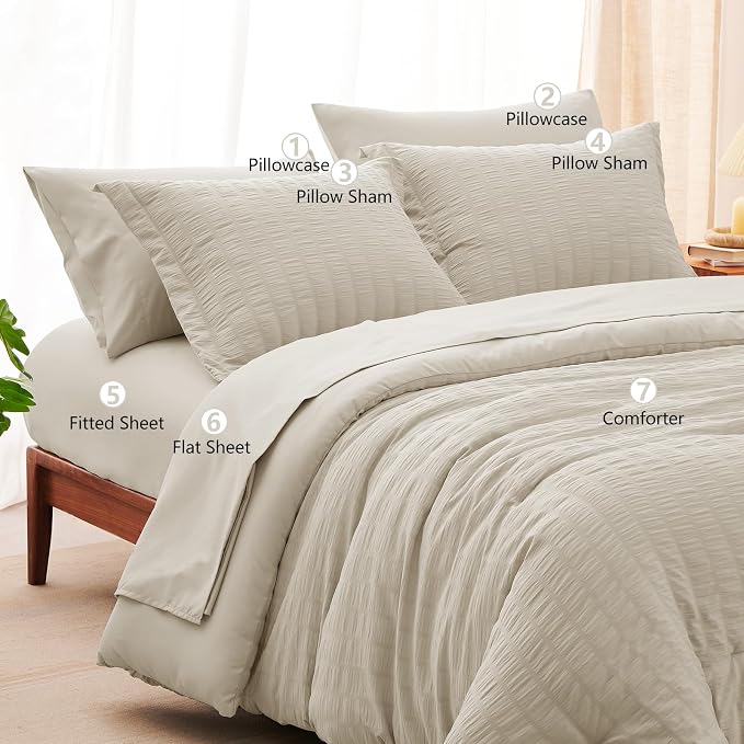 CozyLux Queen Comforter Set Oatmeal Seersucker 7 Pieces Bed in a Bag Queen - Image 8