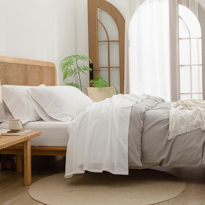 BESTOUCH Flat Sheet Only 100% Washed Cotton Linen Feel Wrinkle-Free, - Image 5