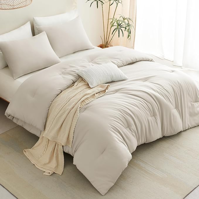 CozyLux Oversized King Comforter Set Beige, 3 Pieces 120x98 Solid Breathable - Image 9