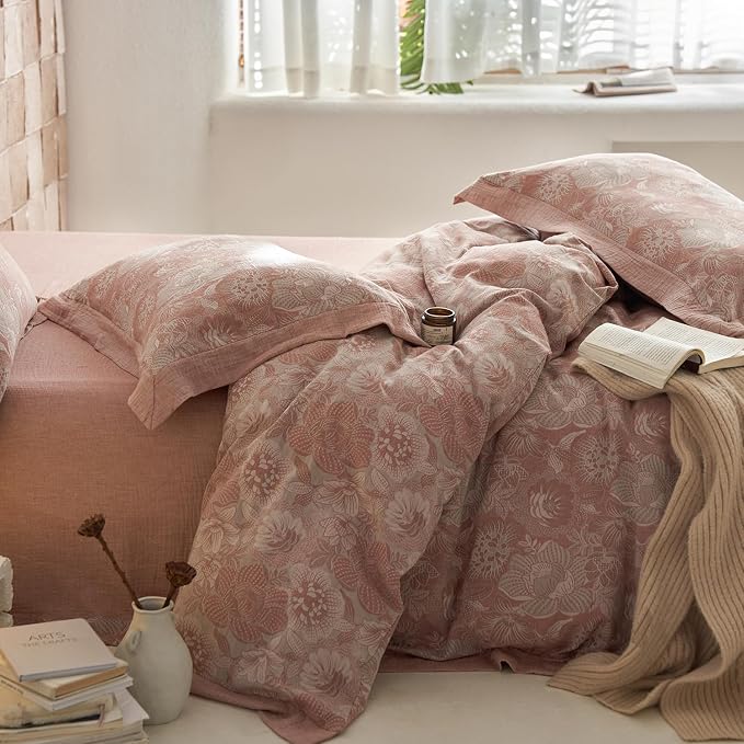 mixinni Duvet Cover King, Premium Cotton Double-Layer Yarn Pink Floral Jacquard - Image 3