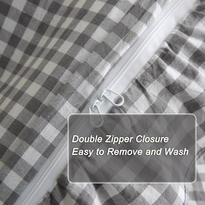 Silnuo Grey/White Checkered Ruffle 3-Piece Duvet Cover Set King Size, Washed - Image 6