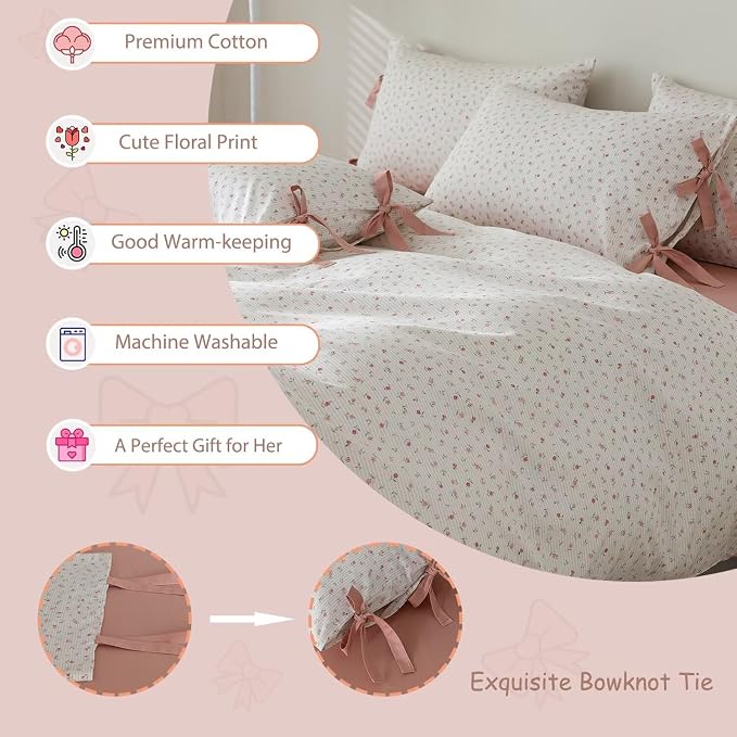 MKXI Cute Bow Tie & Pink Flower Stripes Duvet Cover Twin Size Cotton Bedding Set - Image 6