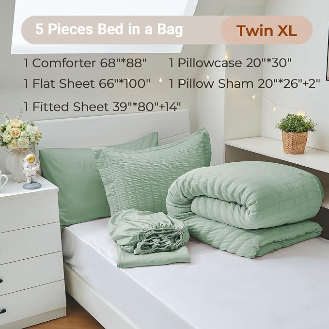 MUXHOMO 5 Pieces Twin XL Comforter Set, Seersucker Bed in a Bag Twin XL Size - Image 4