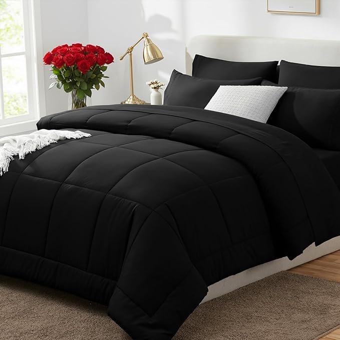 CozyLux California King Comforter Sets Black, 7 Pieces Cal King Bed in a Bag by CozyLux