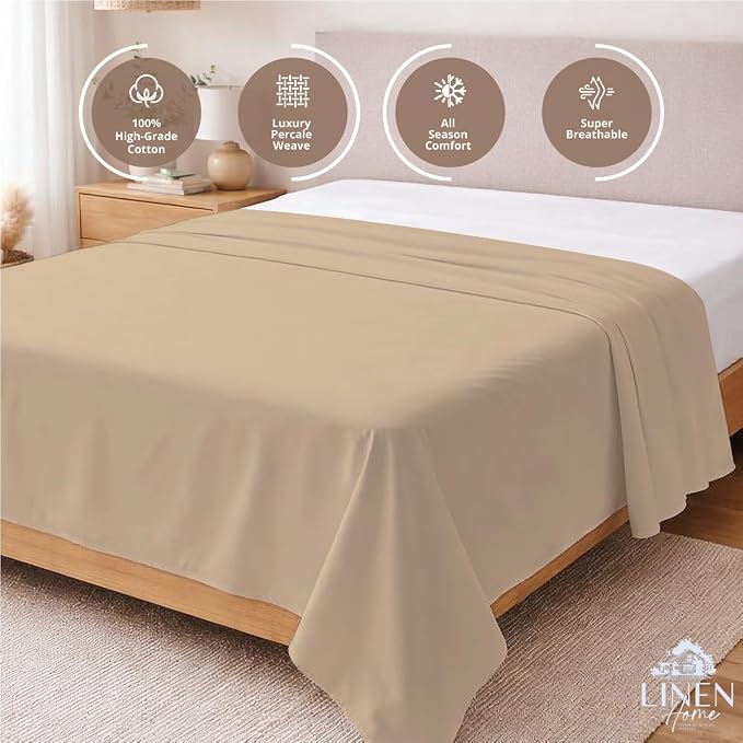 Linen Home 100% Cotton Percale 1 Flat Sheet, Queen Size - Image 3