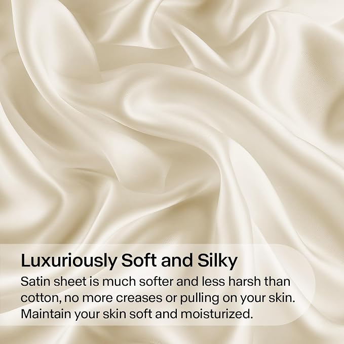 BEDELITE Satin Sheets Twin Size Bed Set, Luxury Soft Beige Silky Sheets - Image 3