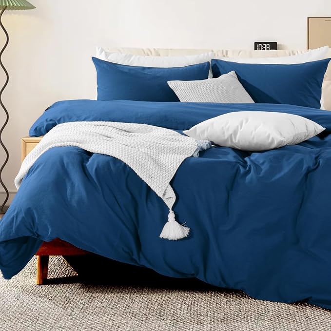 NEXHOME PRO Duvet Cover Set 100% Washed Cotton Full Size Linen Feel Textured - Image 3